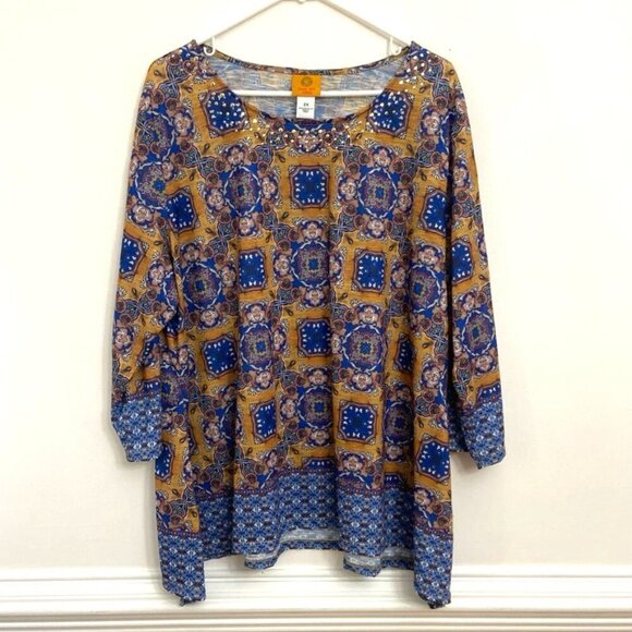 Ruby Rd Woman 2X Pullover Top Shirt Blue & Tan Geometric Beaded Neckline - Picture 1 of 4